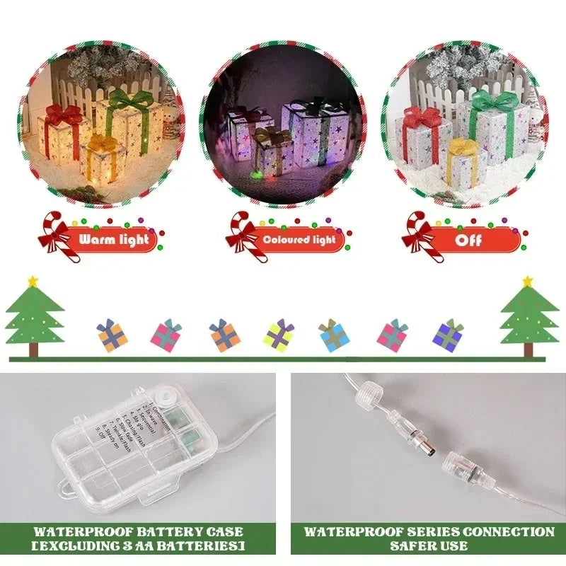3PCS Christmas Gift Box Christmas Decor Luminous Bow Holiday For Lighted Up