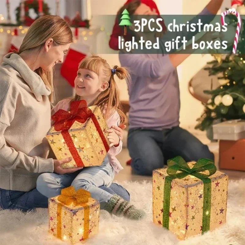3PCS Christmas Gift Box Christmas Decor Luminous Bow Holiday For Lighted Up