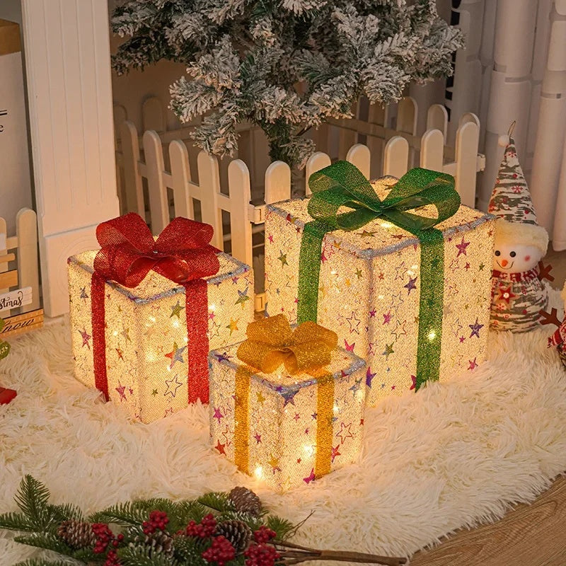 3PCS Christmas Gift Box Christmas Decor Luminous Bow Holiday For Lighted Up