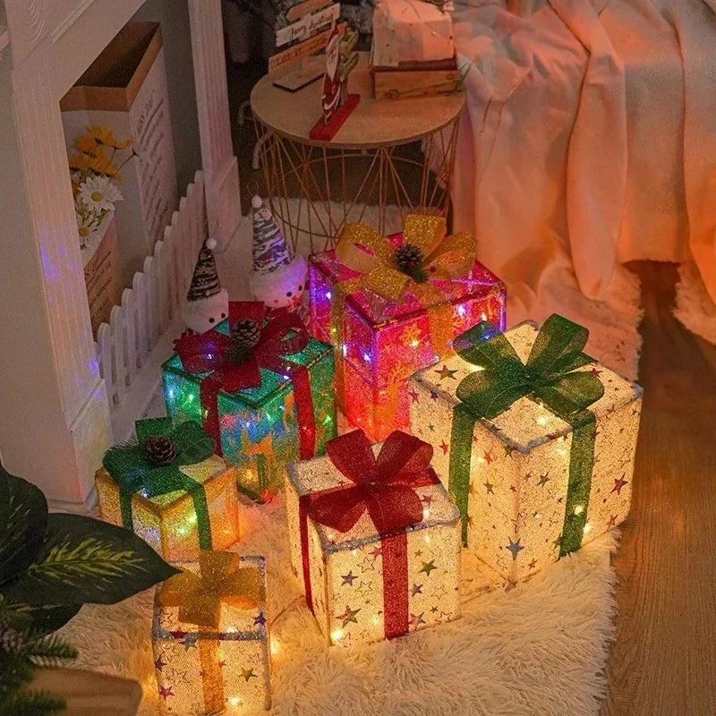 3PCS Christmas Gift Box Christmas Decor Luminous Bow Holiday For Lighted Up
