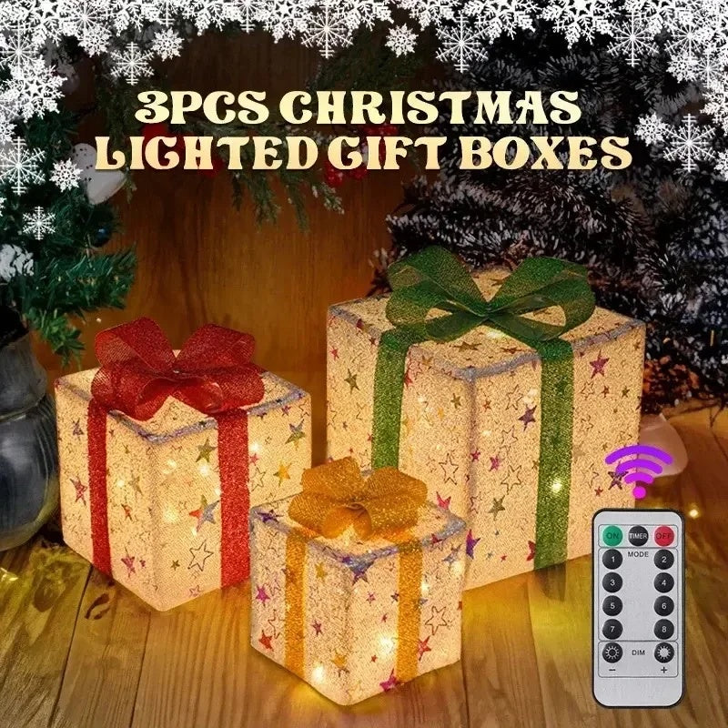 3PCS Christmas Gift Box Christmas Decor Luminous Bow Holiday For Lighted Up