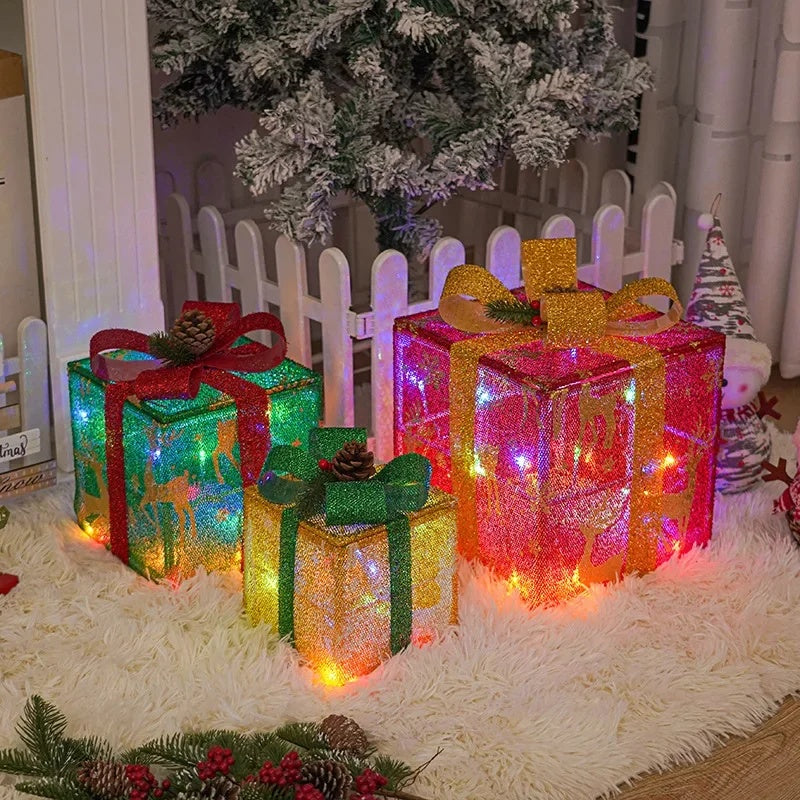 3PCS Christmas Gift Box Christmas Decor Luminous Bow Holiday For Lighted Up